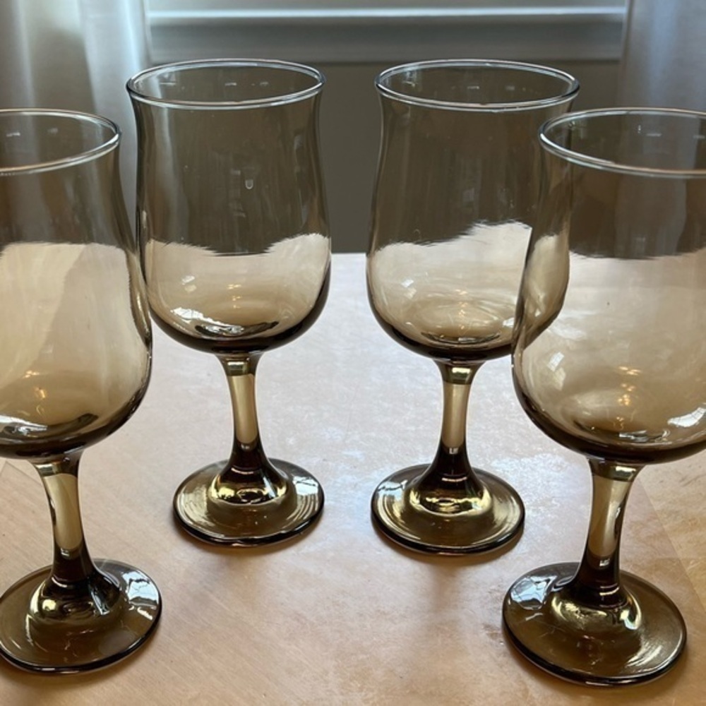 Vintage Tawny Amber Brown Stemmed Wine Glasses, Water Goblets 12 oz. Set of 4